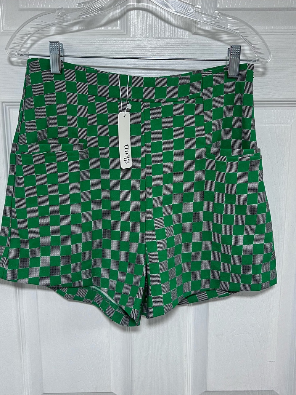 NWT glam Green Checkerboard High-Waist Knit Shorts Size M